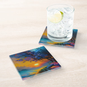 Dessous-de-verre En Verre Superbe lever de soleil sur l'étang