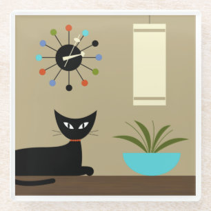 Dessous-de-verre En Verre Tablette du milieu du siècle Chat avec horloge à b