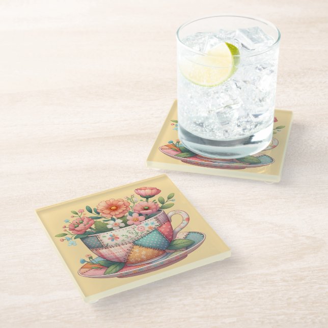 Dessous-de-verre En Verre Teacup Patchwork avec Fleurs Whimsical (Incliné)