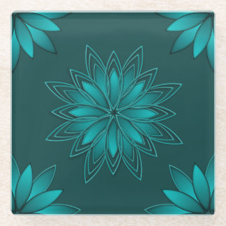 Dessous-de-verre En Verre Teal Leaf Mandala Design on Dark Cyan