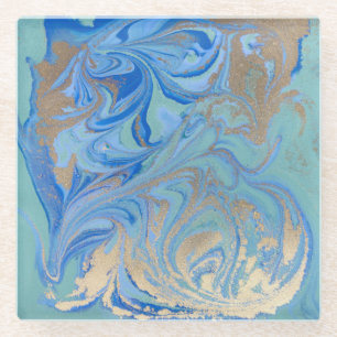 Dessous-de-verre En Verre Texture d'aquarelle liquide en or bleu