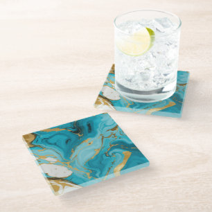Dessous-de-verre En Verre Texture de marbre Turquoise et or Argent