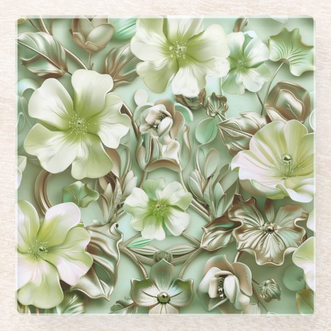 Dessous-de-verre En Verre Tons verts, motifs floraux (Devant)