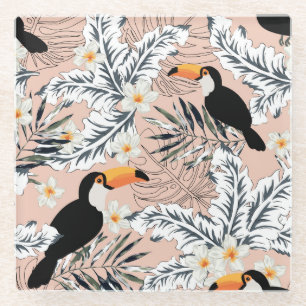 Dessous-de-verre En Verre Toucans, Palmiers, Plumeria : Pink Tropical.