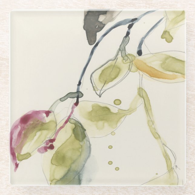 Dessous-de-verre En Verre Triptyque de branche feuille aquarelle (Devant)