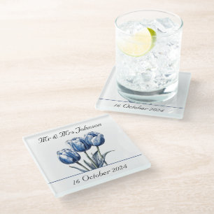 Dessous-de-verre En Verre Tulipes dans Delft Blue personnalisable