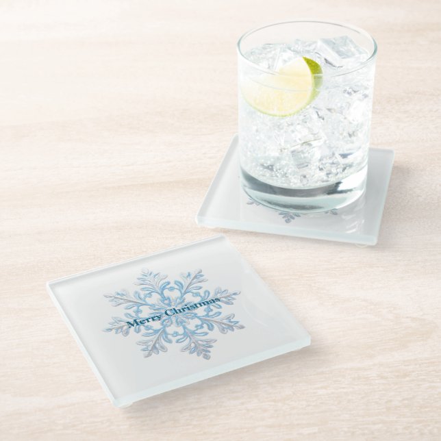 Dessous-de-verre En Verre Turquoise Bleu Blanc Noël Flocon de neige (Incliné)