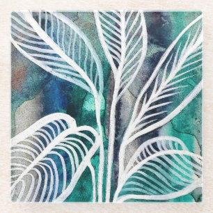 Dessous-de-verre En Verre Turquoise Bleu & Turquoise Aquarelle Botanique Mod