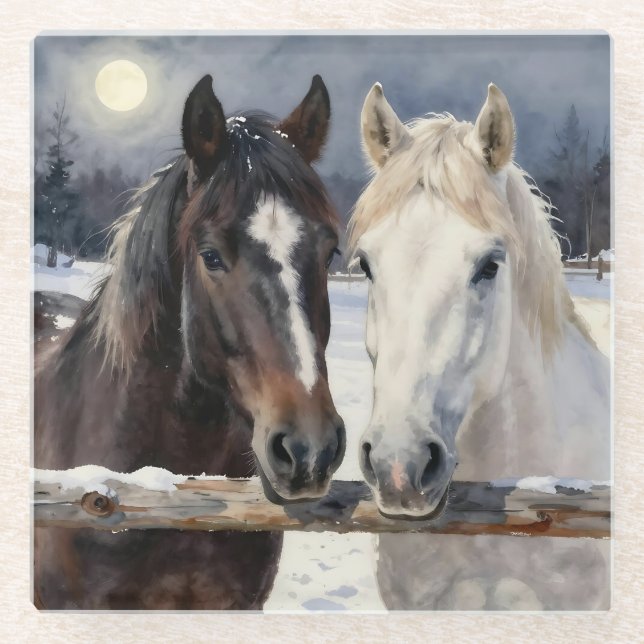 Dessous-de-verre En Verre Two Horses on a Snowy Farm Under the Moon (Devant)