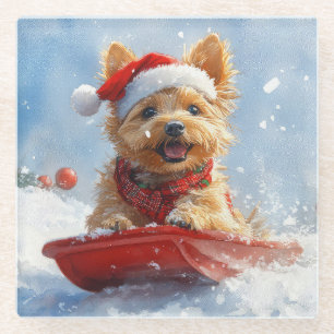 Dessous-de-verre En Verre Un Terrier australien à la luge, qu'il neige Noël