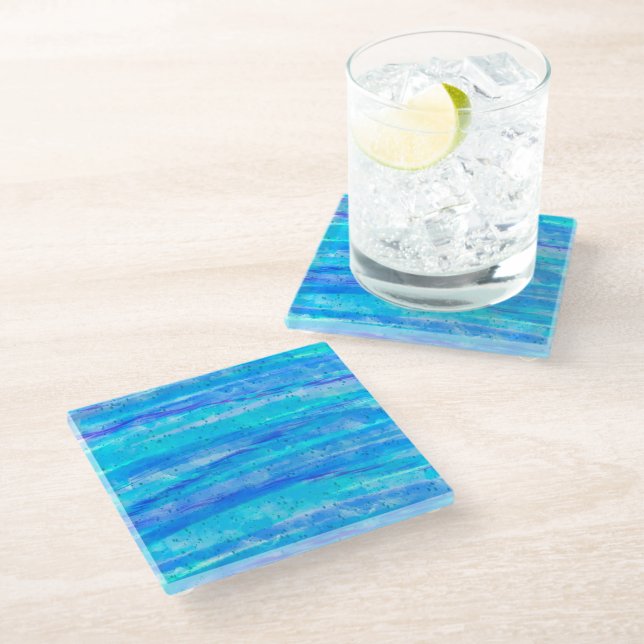 Dessous-de-verre En Verre Vagues Abstraites Bleues Aqua (Incliné)