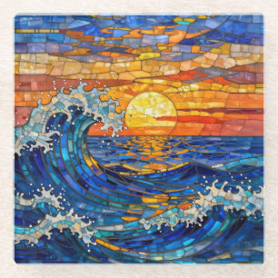 Dessous-de-verre En Verre Vagues océaniques côtières océaniques Coucher de s