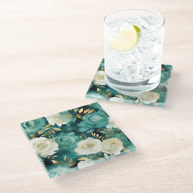 Dessous-de-verre En Verre Vert blanc or Rose Floral (Incliné)