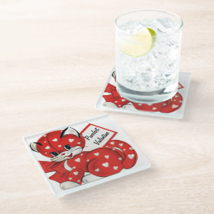 Dessous-de-verre En Verre Vintage Valentine Red Chat White Hearts Retro Love