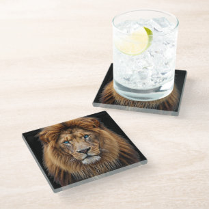 Dessous-de-verre En Verre Visage de lion majestueux aux yeux bleus   Faune A