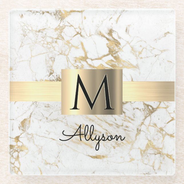 Dessous-de-verre En Verre Wh & Gold Marble Gold Box, do-it-yourself Nom Noir (Devant)