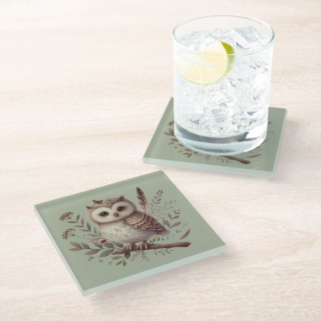 Dessous-de-verre En Verre Whimsical Woodland Owl Botanical Illustration (Incliné)