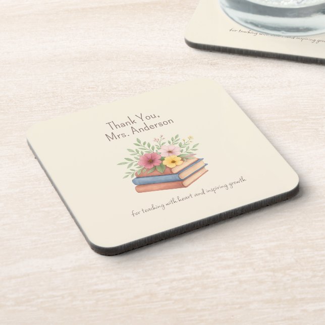Dessous-de-verre Enseignant Merci - Aquarelle Livres & Fleurs - (Côté gauche)