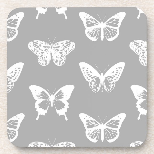 Dessous-de-verre Esquisse de papillons, gris argenté et blanc (Devant)
