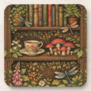Dessous-de-verre Étagère de livres rétro champignons café floral