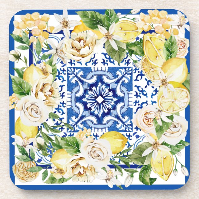 Dessous-de-verre Été Méditerrannée citron et fleurs imprimés (Devant)