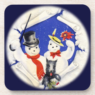 Dessous-de-verre Famille vintage de neige et ensemble de Dessous de