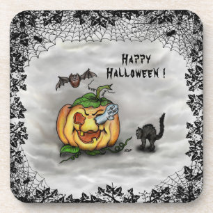 Dessous-de-verre Fantôme, Chat, Chat et Citrouille, Bonne Halloween