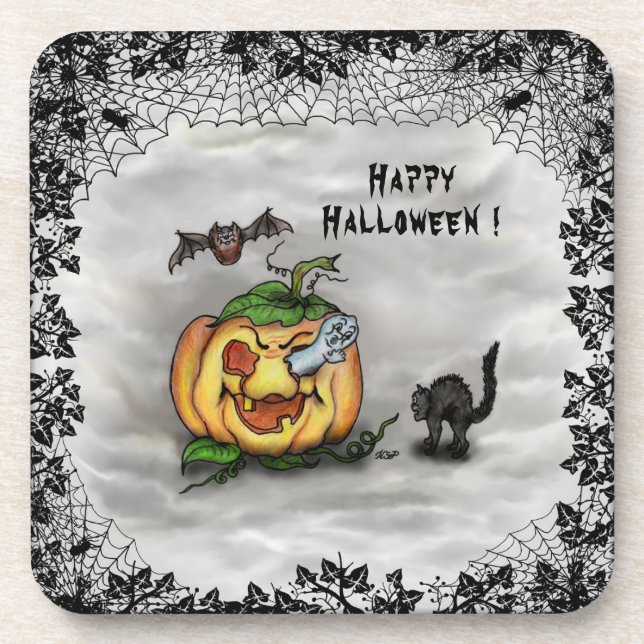 Dessous-de-verre Fantôme, Chat, Chat et Citrouille, Bonne Halloween (Devant)