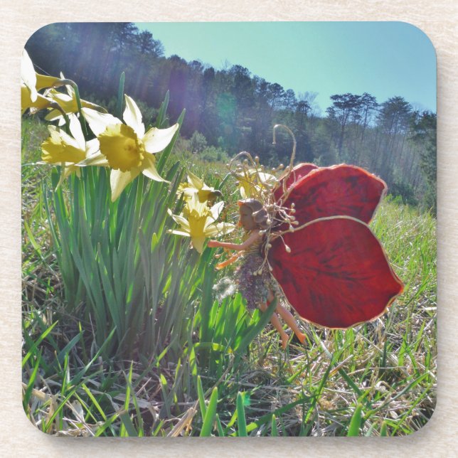Dessous-de-verre fée à aile rouge et jonquilles (Devant)