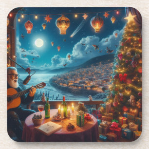 Dessous-de-verre Feliz Navidad Joueur guitare festive Ville côtière