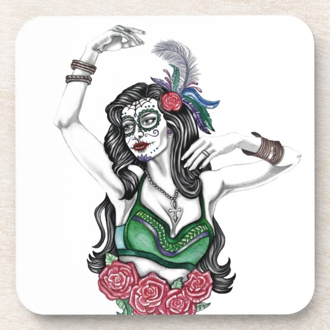 Dessous-de-verre Femme crâne de sucre avec Rose (Devant)