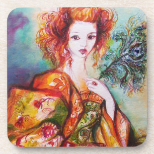 DESSOUS-DE-VERRE FEMME ROMANTIQUE AVEC PÂTE DE PEACOCK ÉCLANTE
