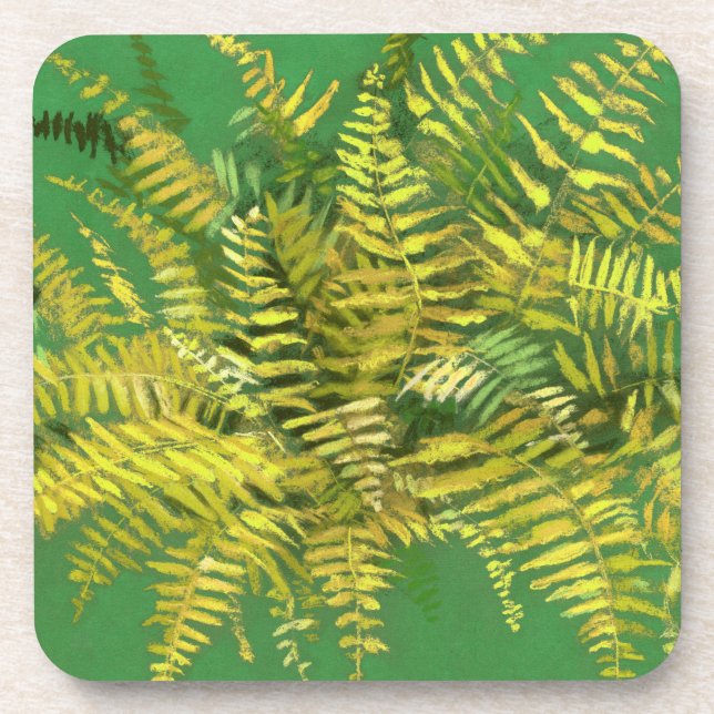 Dessous-de-verre Ferne, frondes, fleuris, vert jaune doré vert (Devant)
