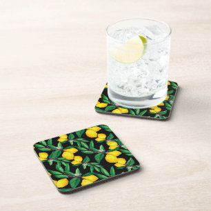 Dessous-de-verre Feuille de citron jaune vert noir aquarelle buvez