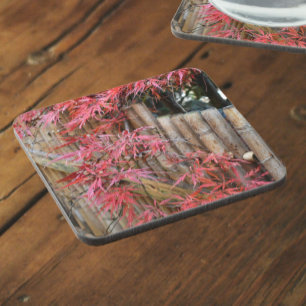 Dessous-de-verre Feuilles d'érable japonais rouge et clôture de bam
