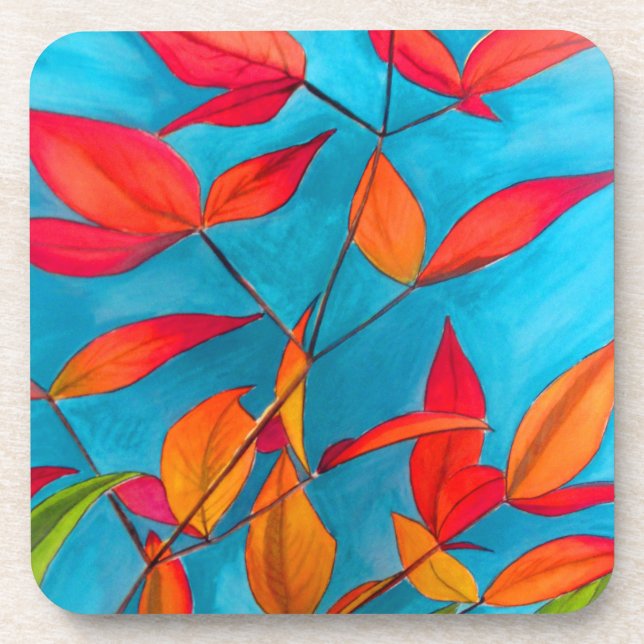 Dessous-de-verre Feuilles orange Art original aquarelle d'automne (Devant)
