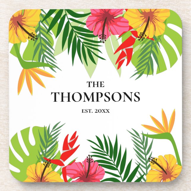 Dessous-de-verre Feuilles tropicaux et fleurs Nom de famille person (Devant)