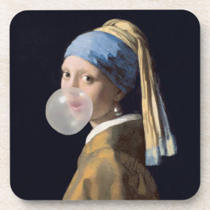 Dessous-de-verre Fille à oreille perle soufflant une gomme à bulles