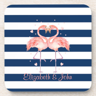Dessous-de-verre Flamants roses amoureux,Rayes bleu marine