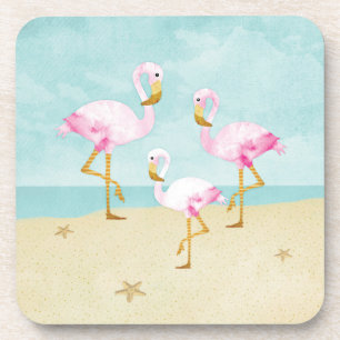 Dessous-de-verre Flamants roses roses d'aquarelle sur la plage