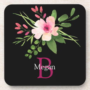 Dessous-de-verre Fleur aquarelle, nom et monogramme sur fond noir