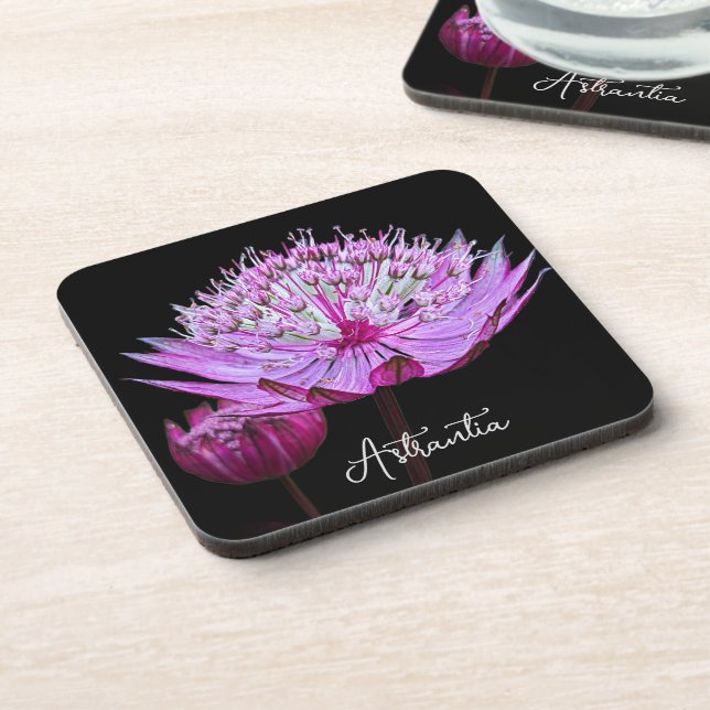Dessous-de-verre Fleur Astrantia rose sur Floral noir (Côté gauche)