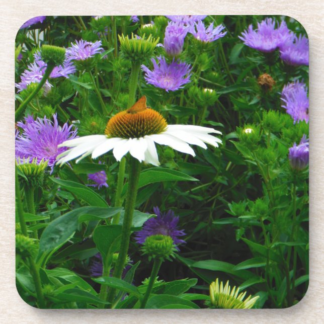 Dessous-de-verre Fleur de cône blanc, fleurs pourpres et papillon (Devant)
