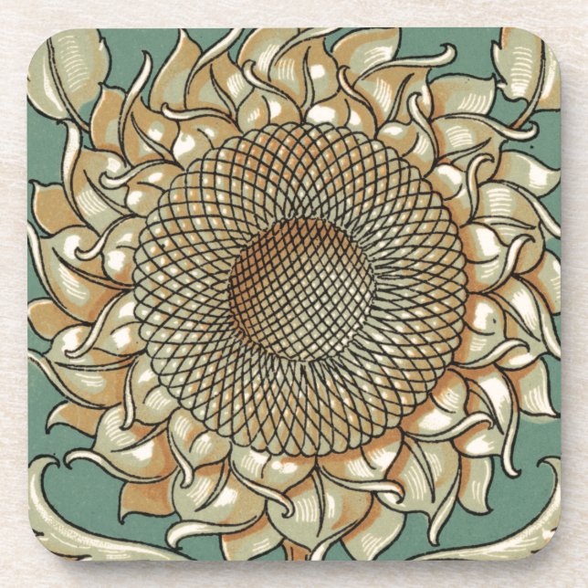 Dessous-de-verre Fleur de tournesol sur Arrière - plan bleu-vert (Devant)