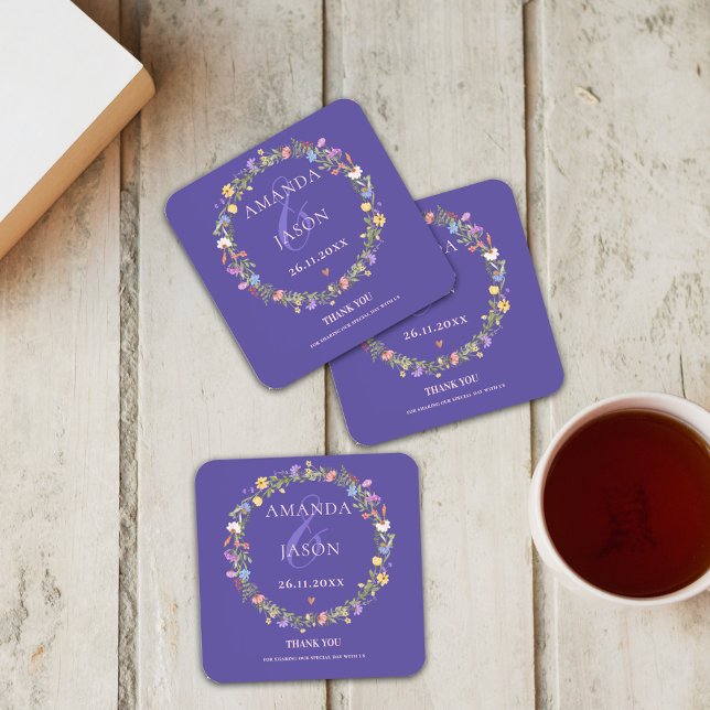 Dessous-de-verre Fleur sauvage bleu violet jaune Mariage Floral (Créateur téléchargé)