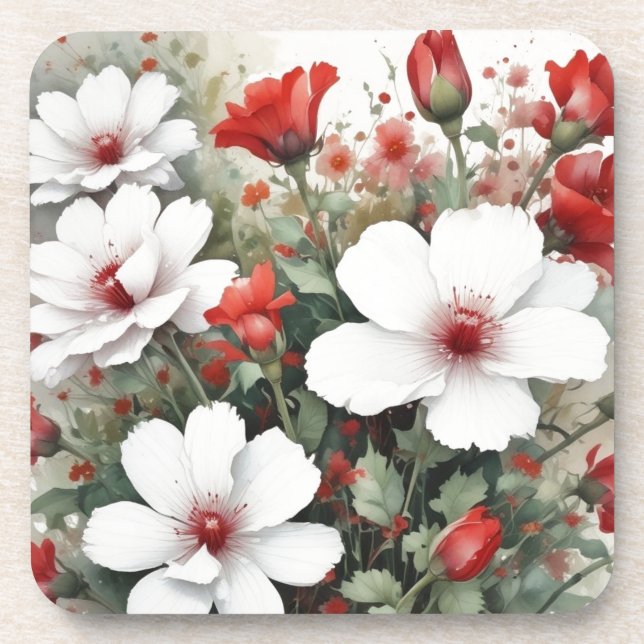 Dessous-de-verre Fleurs blanches et rouges Elégante aquarelle (Devant)