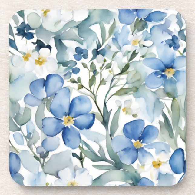 Dessous-de-verre Fleurs Bleues Blanches Aquarelle Chic (Devant)