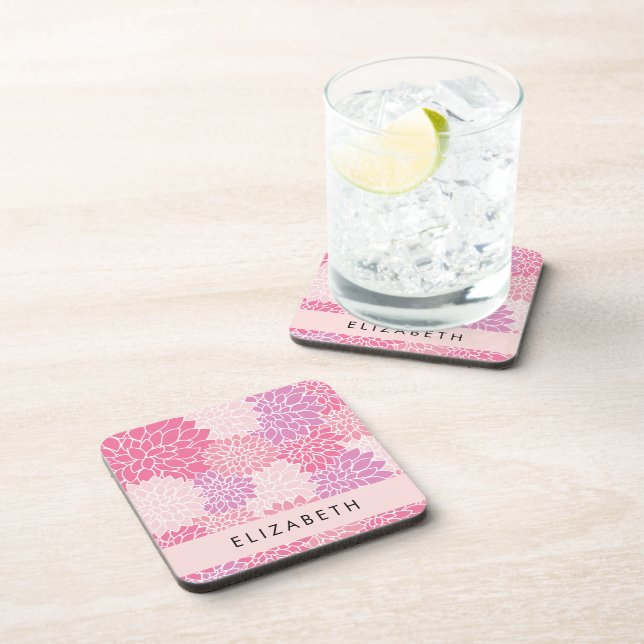 Dessous-de-verre Fleurs Dahlia Roses, Motif De Fleurs, Votre Nom (Côté Droit)