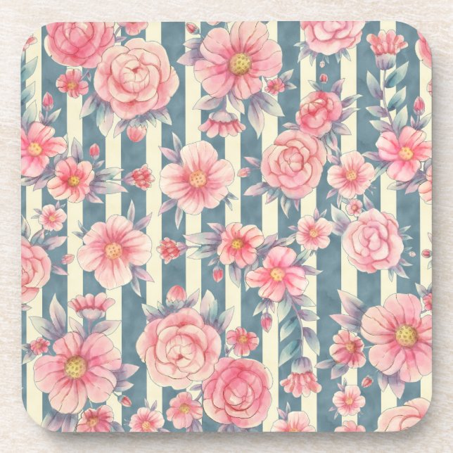 Dessous-de-verre Fleurs d'aquarelle rose sur bandes (Devant)