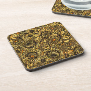 Dessous-de-verre Fleurs de chrysanthèmes jaunes et coléoptères oran